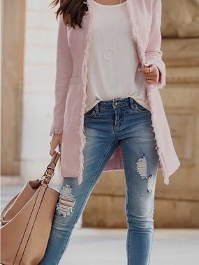 VENUS Blush Pink Tweed Fringe Open-Front Jacket